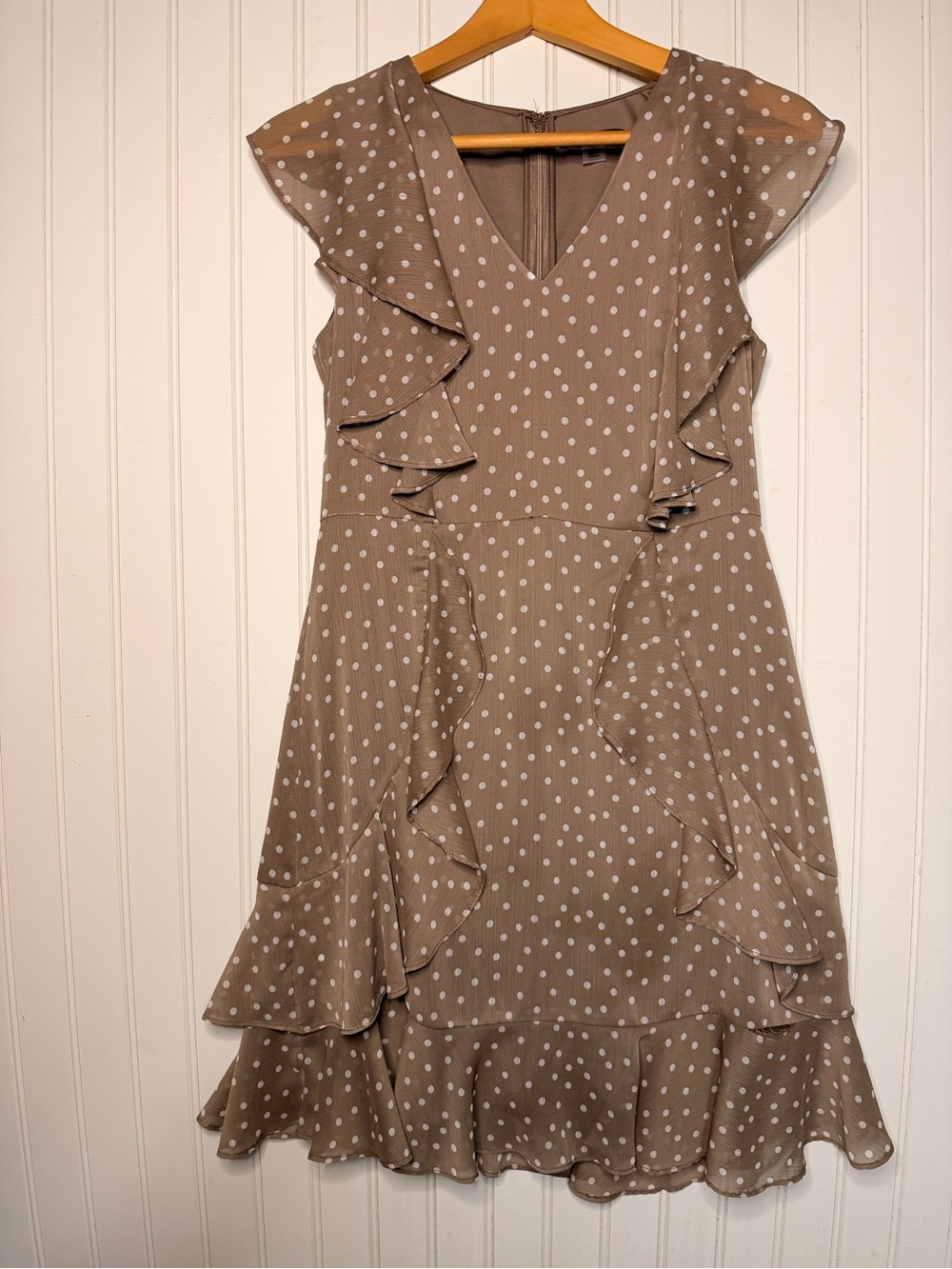 Tommy Hilfiger Taupe Polka Dot Ruffle Dress - Women, Size 8